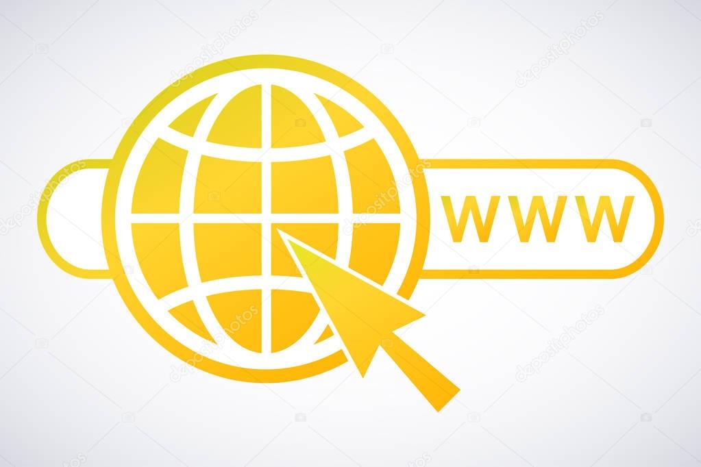 Website icon golden yellow with with an arrow and the address bar isolated on a white background with shadow, vector illustration stylish