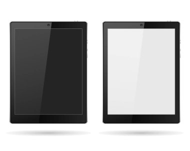 düğmeler siyah-beyaz, gölge, şık vektör çizim ile hafif bir arka plan üzerinde gerçekçi kamera ile tablet