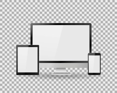 Gerçekçi bilgisayar monitör, dizüstü bilgisayar, tablet ve cep telefonu boş beyaz ekran ile kümesi. Çeşitli modern elektronik gadget'ı ayrı tut moduyla arka plan. Vektör çizim Eps10