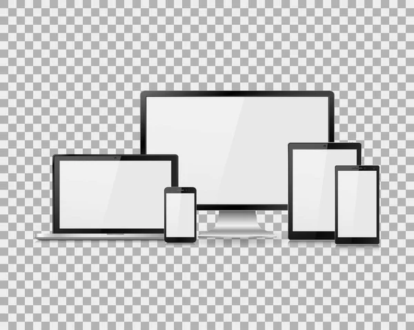 Set di monitor realistici per computer, laptop, tablet e telefono cellulare con schermo bianco vuoto. Vari gadget elettronici moderni su sfondo isolato. Illustrazione vettoriale EPS10 — Vettoriale Stock