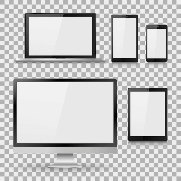 ??????Set aus realistischem Computermonitor, Laptop, Tablet und Mobiltelefon mit leerem weißen Bildschirm. verschiedene moderne elektronische Geräte auf isoliertem Hintergrund. Vektorabbildung eps10 — Stockvektor