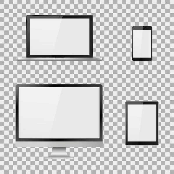 Vektor Illustration moderner Monitor, Laptop, Tablet und Mobiltelefon mit leerem weißen Bildschirm. verschiedene moderne elektronische Geräte auf isoliertem Hintergrund, Eps10 — Stockvektor