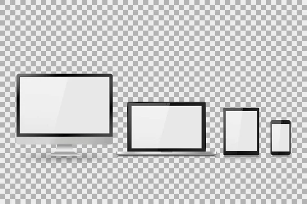 Векторная иллюстрация современный монитор, ноутбук, планшет и мобильный телефон с пустым белым экраном. Различные современные электронные гаджеты на изолированном фоне, EPS10 Лицензионные Стоковые Векторы