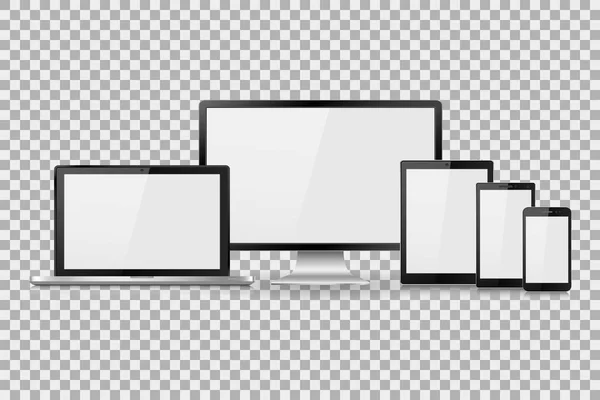Vector εικονογράφηση σύγχρονη οθόνη, φορητό υπολογιστή, tablet και κινητό τηλέφωνο με κενή λευκή οθόνη. Διάφορες σύγχρονες ηλεκτρονικόs gadget σε απομόνωση φόντο, Eps10 — Διανυσματικό Αρχείο