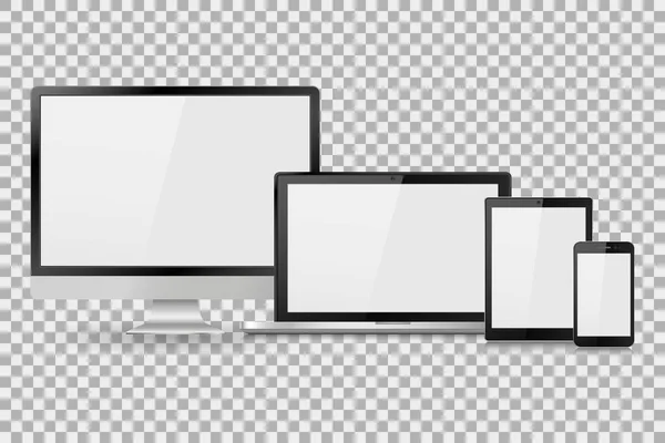 Gerçekçi bilgisayar monitör, dizüstü bilgisayar, tablet ve cep telefonu boş beyaz ekran ile kümesi. Çeşitli modern elektronik gadget'ı ayrı tut moduyla arka plan. Vektör çizim Eps10 Telifsiz Stok Illüstrasyonlar