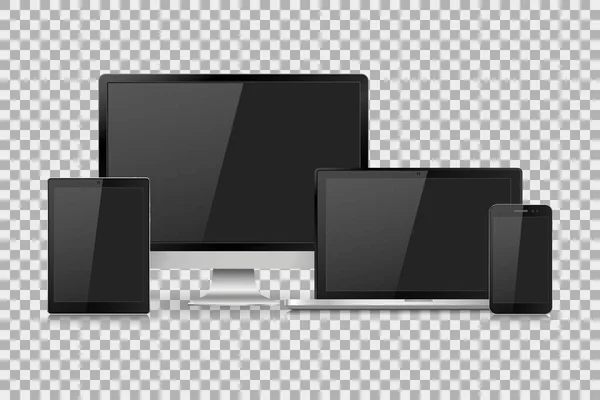 Set aus realistischem Computermonitor, Laptop, Tablet und Mobiltelefon mit leerem weißen Bildschirm. verschiedene moderne elektronische Geräte auf isoliertem Hintergrund. Vektorabbildung eps10 — Stockvektor
