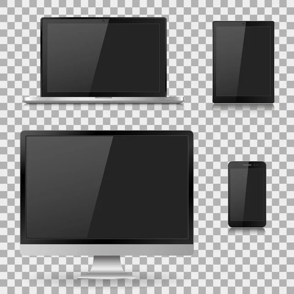 Gerçekçi bilgisayar monitör, dizüstü bilgisayar, tablet ve cep telefonu boş beyaz ekran ile kümesi. Çeşitli modern elektronik gadget'ı ayrı tut moduyla arka plan. Vektör çizim Eps10