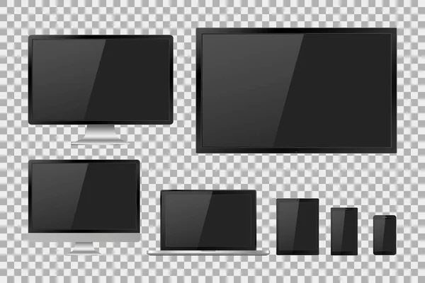 Set gerçekçi Tv, lcd, led, bilgisayar monitör, dizüstü bilgisayar, tablet ve cep telefonu boş beyaz ekran ile. Çeşitli modern elektronik gadget'ı ayrı tut moduyla arka plan. Vektör çizim Eps10 Stok Illüstrasyon