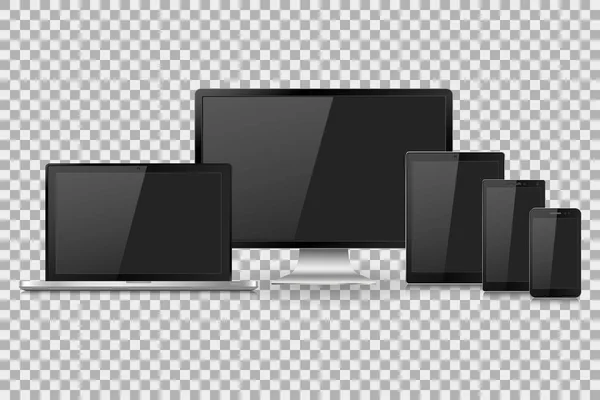 Illustrazione vettoriale monitor moderno, laptop, tablet e telefono cellulare con schermo bianco vuoto. Vari gadget elettronici moderni su sfondo isolato, EPS10 Vettoriale Stock
