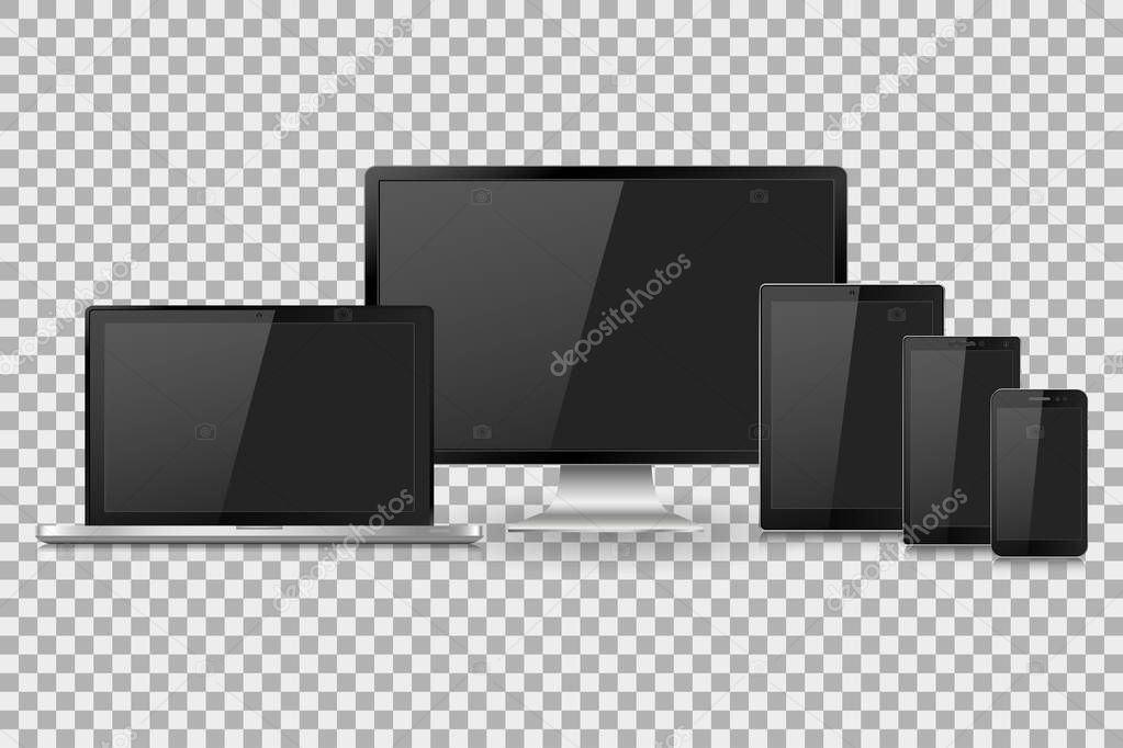 Vector illustration modern monitor, laptop, tablet and mobile phone with empty white screen. Various modern electronic gadget on isolate background, EPS10