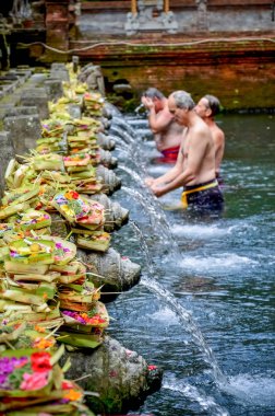 Üç adam Bali kutsal bahar su sıcaklığında vücudu yıkandı