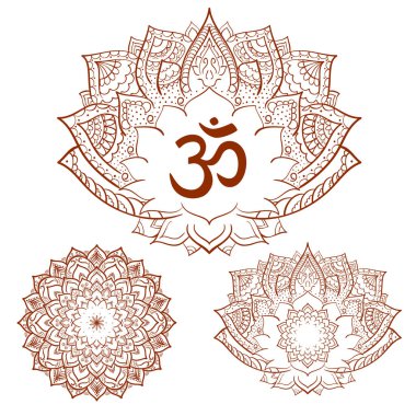 Mandala ve Lotus OM sembolü el ile çizilmiş. Oryantal süsler kümesi.