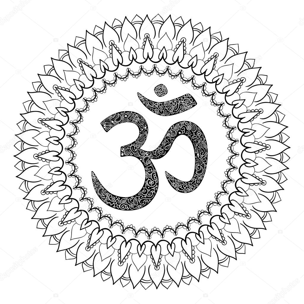 Om symbol with hand drawn mandala.