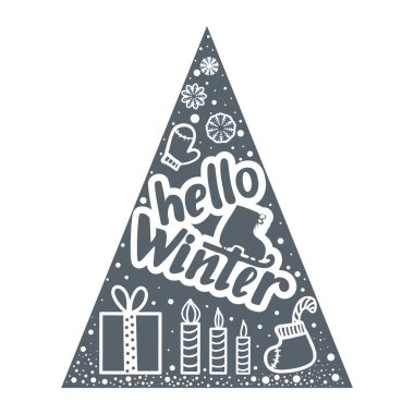 Kış. Merhaba. Yazı kar taneleri, eldiven, çorap, hediye kutusu, mumlar. Noel, yeni yıl tebrik kartları için arka plan. 