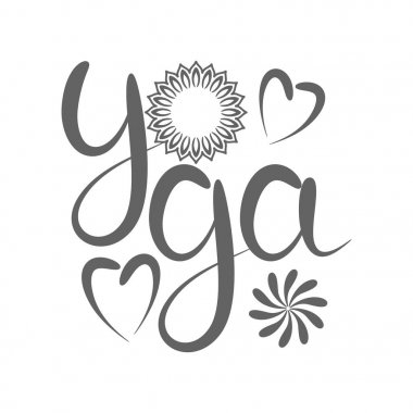 Yoga yazı Mandala süsleme ve kalp ile. Dekoratif unsur tebrik kartı, yoga poster, boyama kitabı, logo stüdyosu için kullanılabilir. Doodle amblemi.