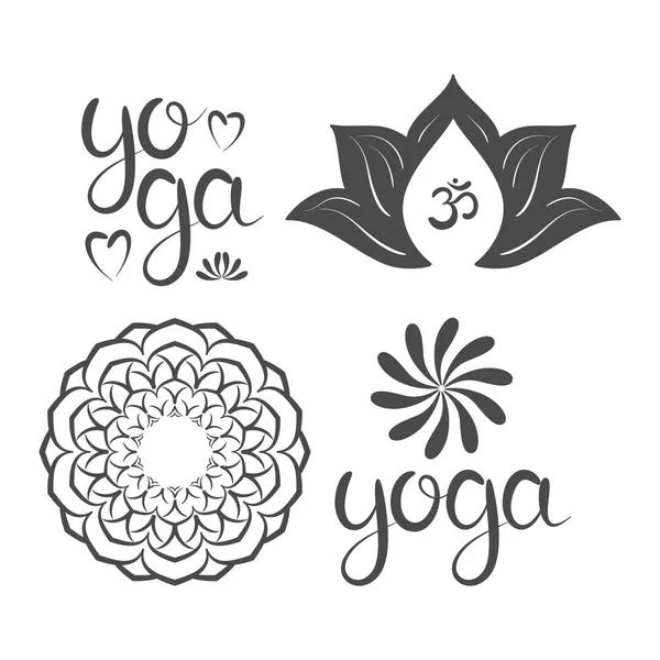 Símbolo Con Mandala Dibujado Mano Loto Letras Yoga Set Adornos — Vector de stock