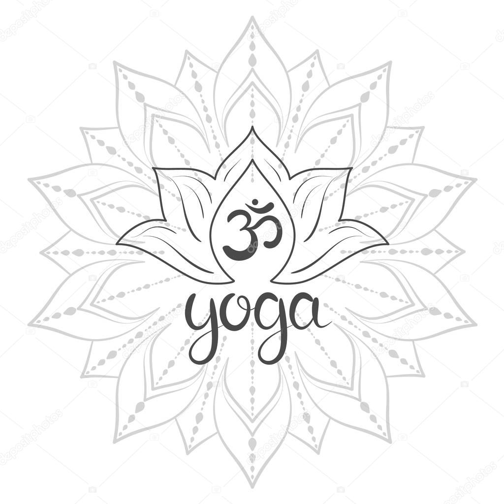 Om symbol with hand drawn mandala,  Lotus flower, 