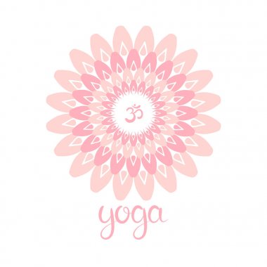OM sembolü ile çizilmiş mandala ver. Yoga. Yazı. Yoga stüdyosu afiş ve logo, boyama kitabı için oryantal süsler ayarla.