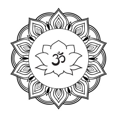 Mandala ve Lotus OM sembolü el ile çizilmiş. Tebrik kartı, davet, yoga poster, boyama kitabı için oryantal süsler kümesi.