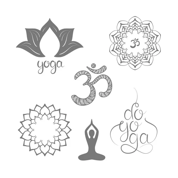 Símbolo Com Mandala Desenhada Mão Lotus Fazer Yoga Letras Conjunto —  Vetores de Stock