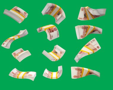 Bir yığın Rus rublesi. Bir sürü Rus parası farklı açılardan. Bir sürü Rus parası hareket halinde. İzole edilmiş 3D görüntüleme 5000 ruble.