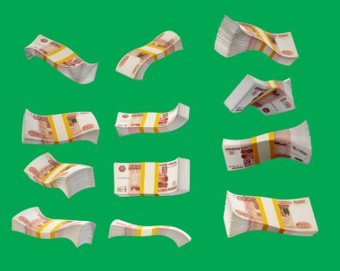 Bir yığın Rus rublesi. Bir sürü Rus parası farklı açılardan. Bir sürü Rus parası hareket halinde. İzole edilmiş 3D görüntüleme 5000 ruble.