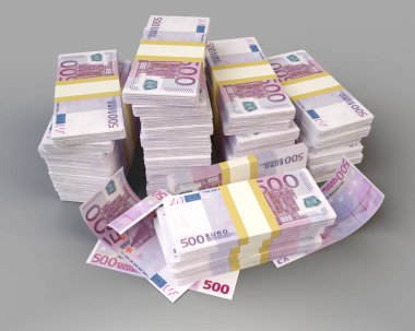 500 Euro 'ya bir tomar para ve ayrı banknotlar. 3d hazırlayıcı
