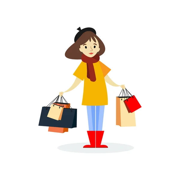 Menina de outono jovem com sacos de compras . — Vetor de Stock