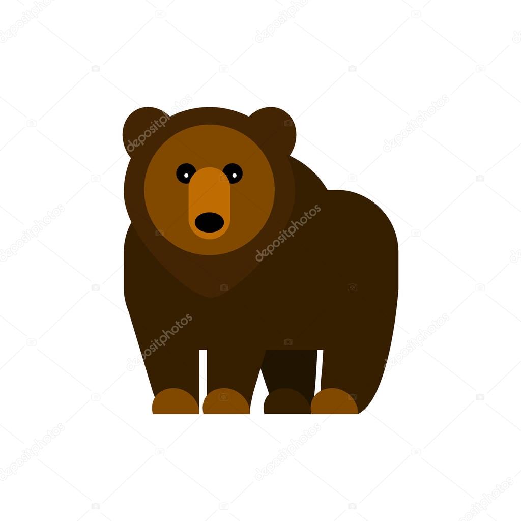 Zoo flat brown Bear icon. Cut Grizzly character standing, isolated on white background - Vector concept illustration for design