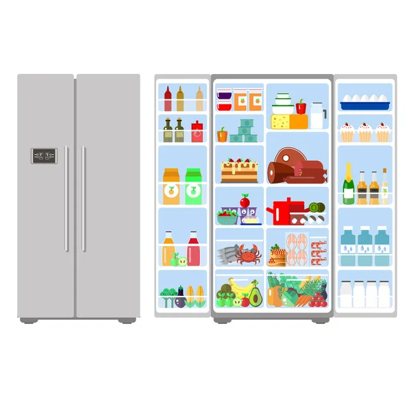 Ilustración gris cerrado y abierto refrigerador lleno de alimentos - vector de stock. Frutas, verduras, carne, queso, leche, huevos frescos. Ración diaria . — Vector de stock