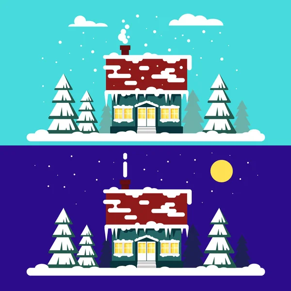 Winter gezellig huis met past op blauwe achtergrond. Gelukkig Nieuwjaar - Kersttijd vector illustratie. Sneeuw vlakke stad stedelijke landschap, december koude xmas. — Stockvector