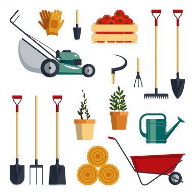 Set farm tools flat-vector illustration. Garden instruments icon collection, shovel, pitchfork, rake, lawnmower, gloves, wheelbarrow, plants, watering, isolated on white background. Farming equipment. clipart