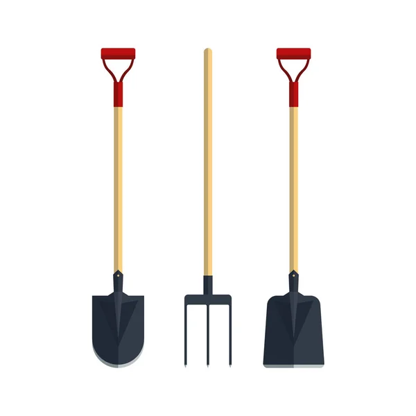 Pitchfork schop spade plat gereedschap pictogram logo vectorillustratie instellen Landbouw apparatuur. Tuin instrumenten geïsoleerd op witte achtergrond. — Stockvector