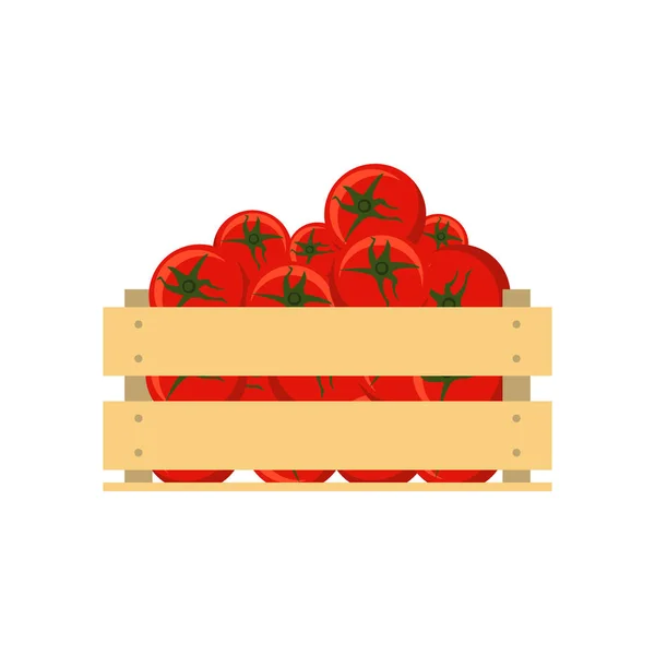 Fresh tomatoes in wooden crate isolated on white background. Flat style vector illustration. Vegetarian diet, vegetables in box. — Stock Vector