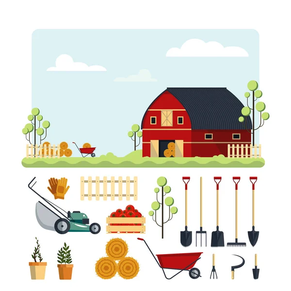 Stel boerderij tools flat-vector illustratie. Tuin instrumenten icoon collectie geïsoleerd op een witte achtergrond. Landbouw apparatuur, ranch met hooi. — Stockvector