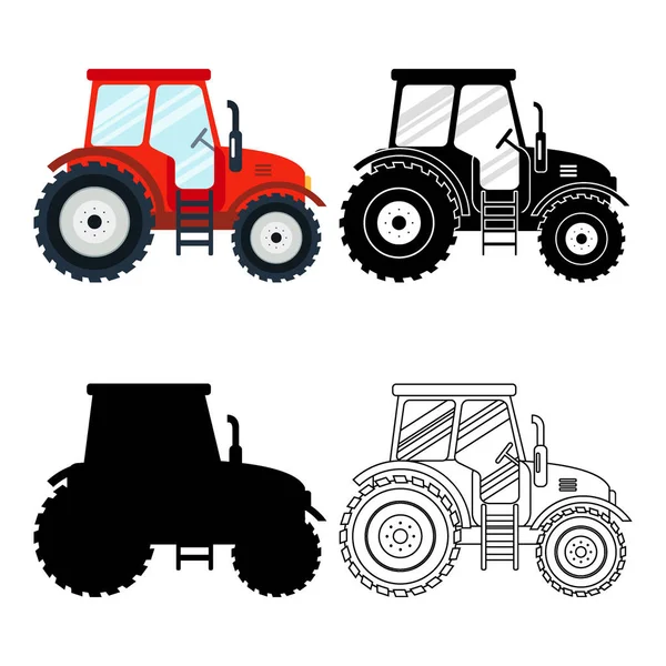 Набор плоских красных, черных, тонких линий тракторов на белом фоне. Сельскохозяйственная техника иконки, сельскохозяйственный транспорт - векторный инвентарь . — стоковый вектор