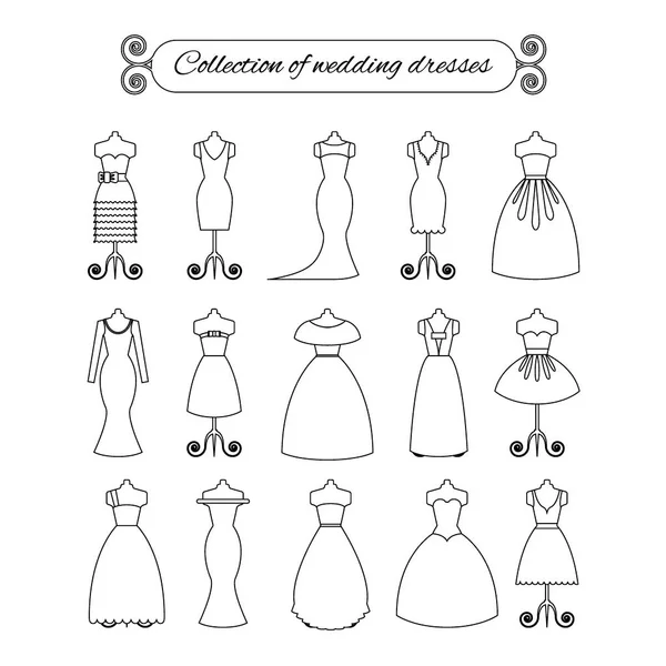 Kolekce bílých tenká linie svatební šaty - vektorové ilustrace. Nevěsta šaty silhouette. — Stockový vektor