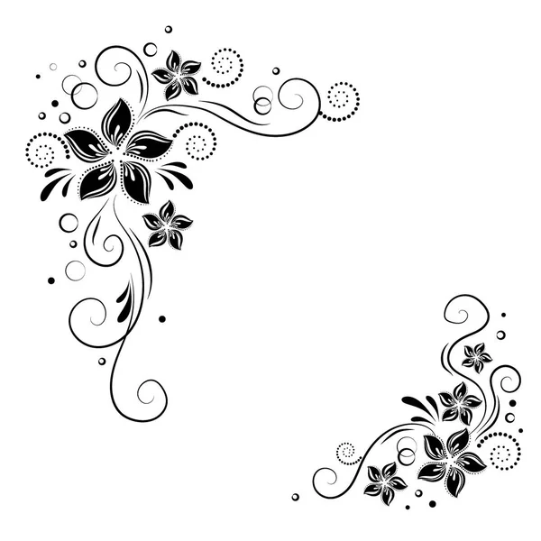 Floral hoek ontwerp. Ornament zwarte bloemen op witte achtergrond - vector voorraad. Decoratieve rand met bloemrijke elementen, patroon. — Stockvector