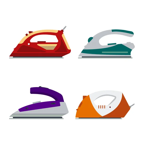 Set of colorful irons isolated on white background - vector illustration. Flat icon logo electrical equipment, ironing electric appliance, home device, housework tool. — Stock Vector