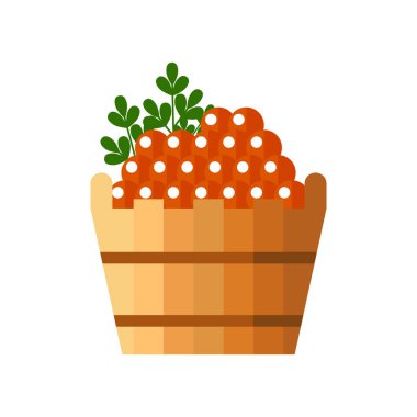 Beyaz arka plan üzerinde izole bir ahşap varil içinde kırmızı havyar. Karaca simge vektör çizim. Rus geleneksel snack. Havyar menü Restoran için.