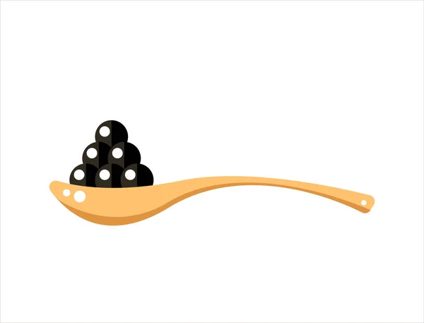 Caviale nero in cucchiaio di legno isolato su fondo bianco. Illustrazione vettoriale icona Roe. Spuntino tradizionale russo. Menù caviale per ristorante . — Vettoriale Stock