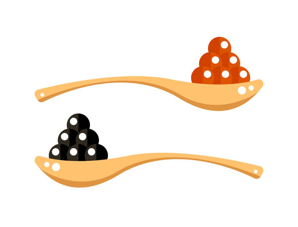 Black and red caviar in wooden spoon isolated on white background. Roe icon vector illustration. Russian traditional snack. Caviare menu for restaurant