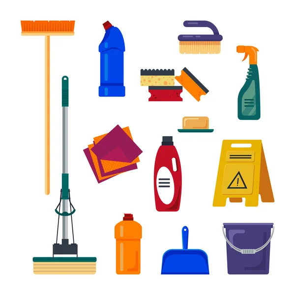 Υπηρεσία καθαρισμού. Σετ σώμα εργαλεία εικονίδια λογότυπο που απομονώνονται σε λευκό φόντο, επίπεδη διανυσματικά εικονογράφηση, οικιακός εξοπλισμός — Διανυσματικό Αρχείο