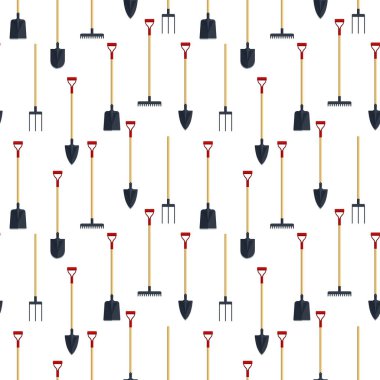 Dikişsiz desen dirgen komisyon kürek kürek düz aracı simgesini logo vektör çizim. Tarım ekipmanları arka plan ayarlayın. Çiftlik için bahçe aletleri