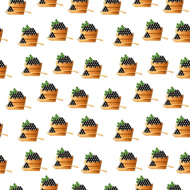 Siyah havyar ahşap varil ve kaşık Dikişsiz desen. Karaca simge vektör çizim. Rus geleneksel snack. Havyar menü Restoran için