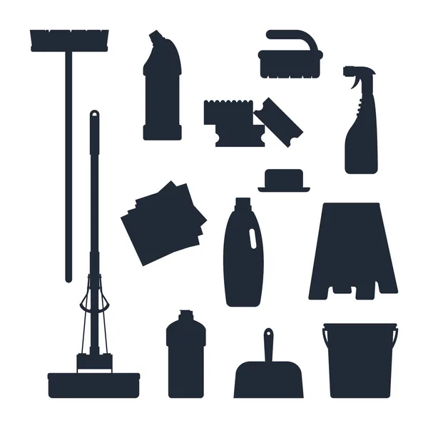 Servicio de limpieza. Conjunto de herramientas de la casa iconos logotipo silueta negro aislado sobre fondo blanco, ilustración vector plano, equipo para el hogar . — Vector de stock