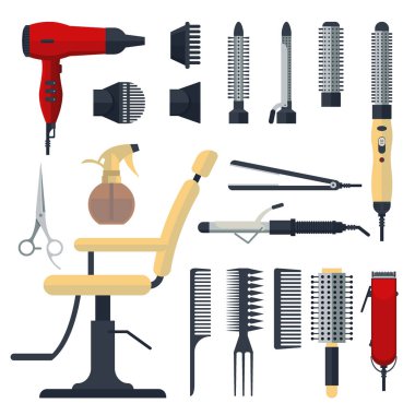 Düz stil beyaz arka plan üzerinde izole Kuaför nesneleri kümesi. Saç salonu ekipman ve araçları logo simgeler, saç kurutma makinesi, tarak, makas, sandalye, hairclipper, kıvırma, düzleştirici