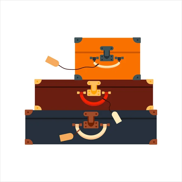 Set piatto valigie viaggio di colore per le vacanze turistiche, con adesivi viaggiatori isolati su sfondo bianco - illustrazione stock vettoriale . — Vettoriale Stock