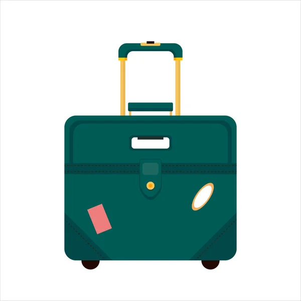 Valigia di viaggio di colore blu piatto per le vacanze turistiche, con adesivi viaggiatori isolati su sfondo bianco - illustrazione stock vettoriale — Vettoriale Stock