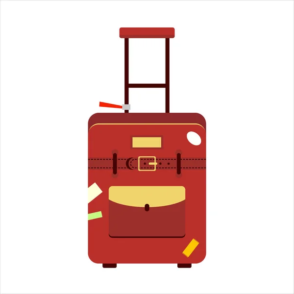 Valigia di viaggio di colore rosso piatto per le vacanze turistiche, con adesivi viaggiatori isolati su sfondo bianco - illustrazione stock vettoriale — Vettoriale Stock